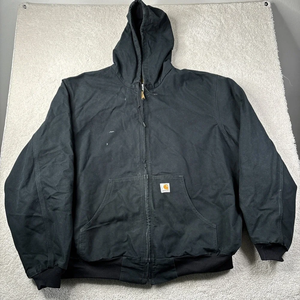 Carhartt J131 Jacket Men's 2XLT Black Thermal Lined Duck Active Hood‎ Workwear
